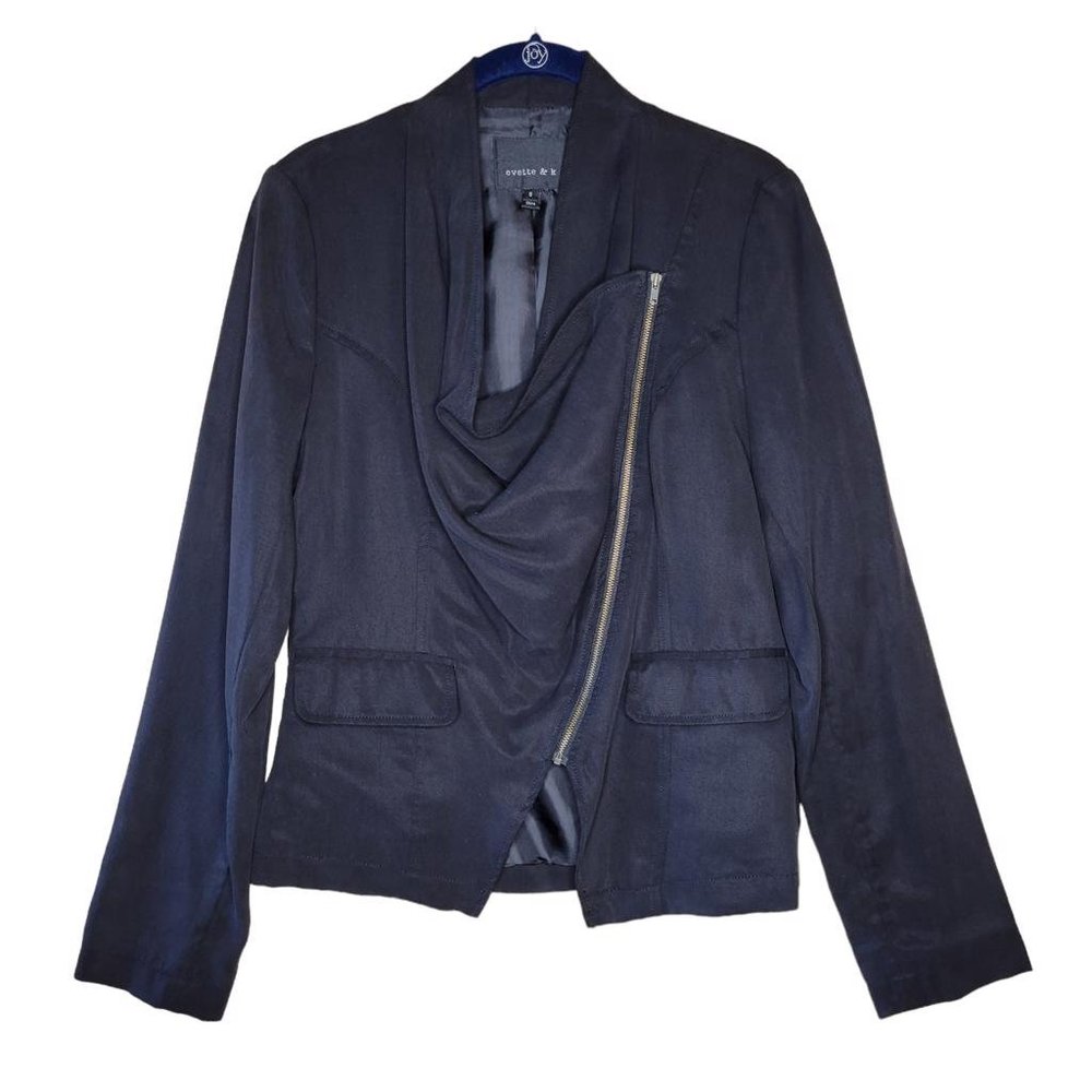 Evette & K Black Moto Draped Zip Front Blazer Jacket Women Size S